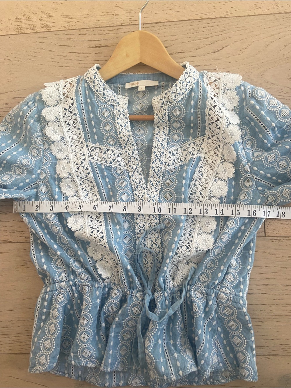 MAJE Laviata Embroidered Cotton Blouse Size Maje 2 US 6 Blue White Eyelet French - Picture 7 of 9